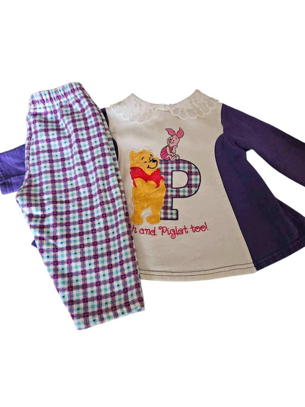 Vintage Disney Winnie the Pooh Piglet Outfit 12M Purple Plaid Lace Collar 2pc
